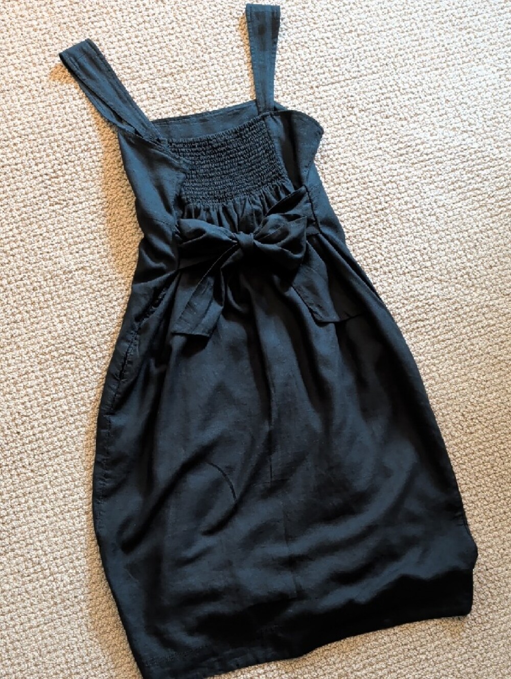 Linen Black Square-Neck Midi Milk Maid Dress Pockets Smocked Bow Pilcro L - Picture 10 of 12